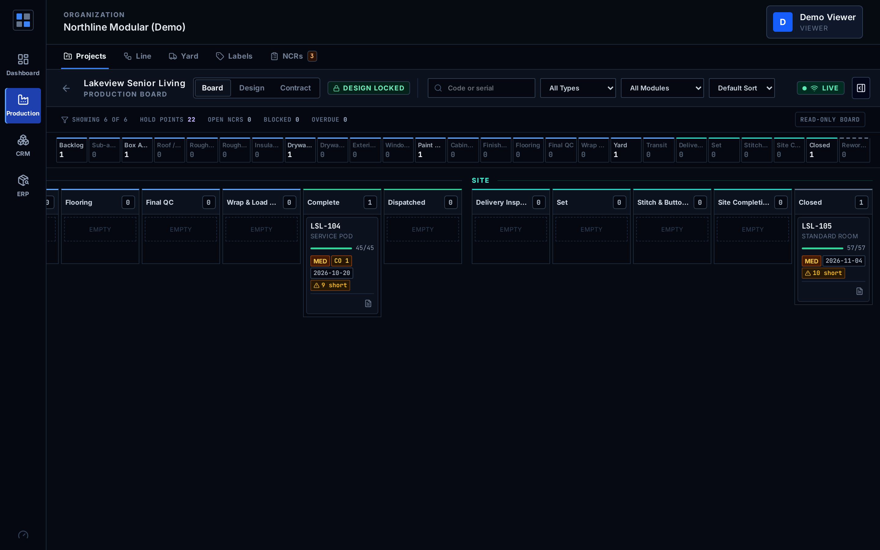Production board with factory and site columns and a whole-line overview strip