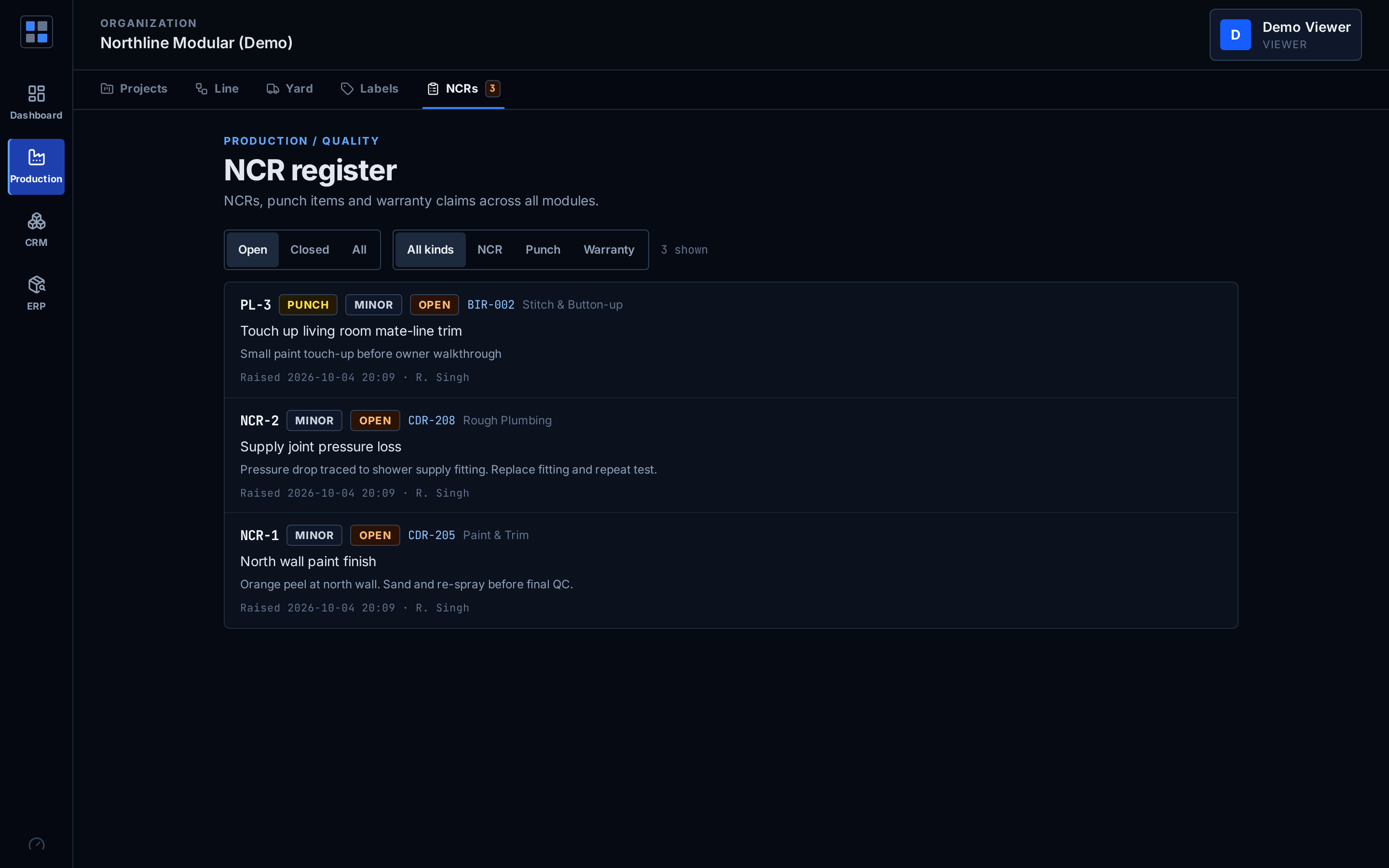 NCR register with severity, status and disposition