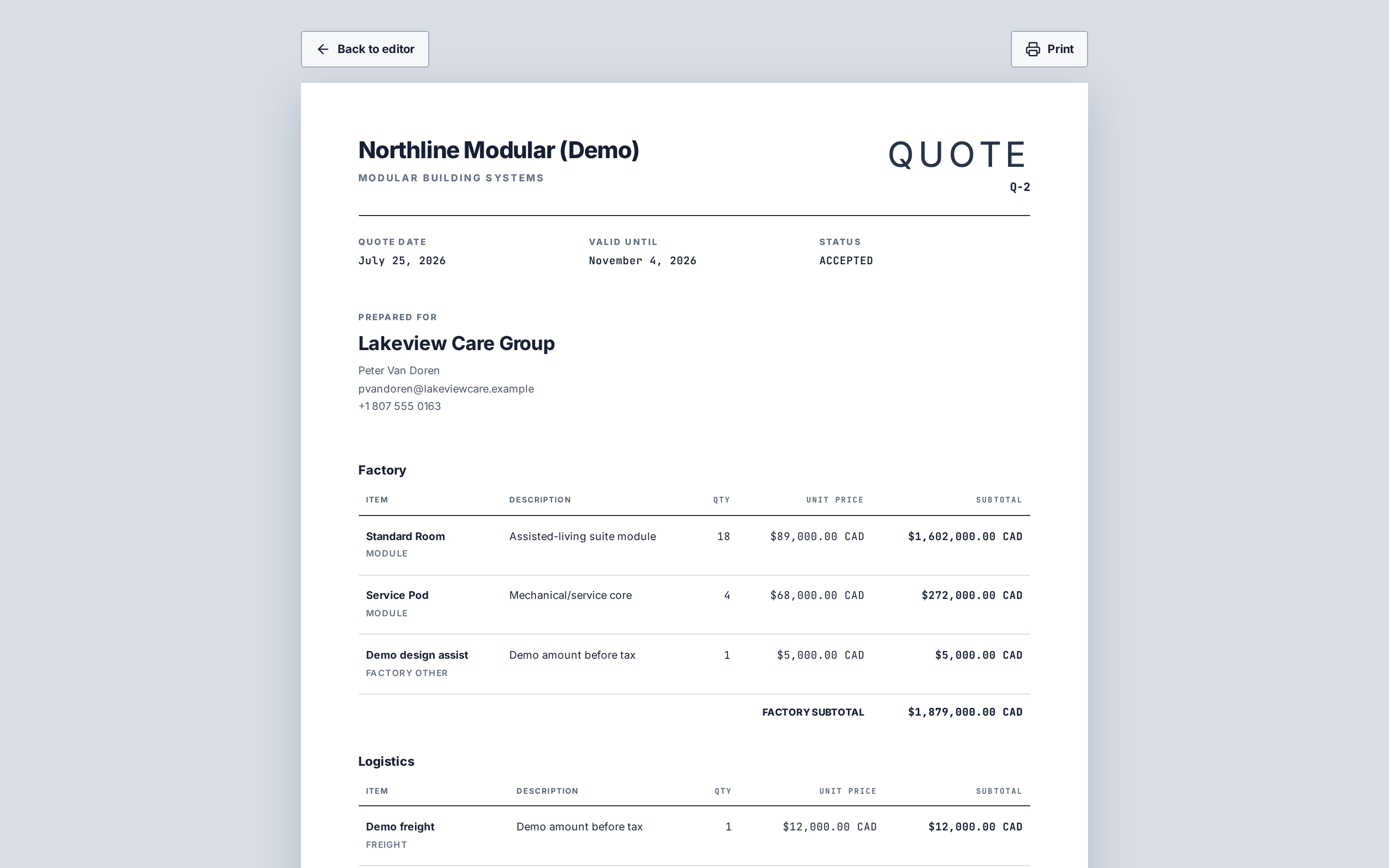 Printable quote grouped by scope, amounts before tax
