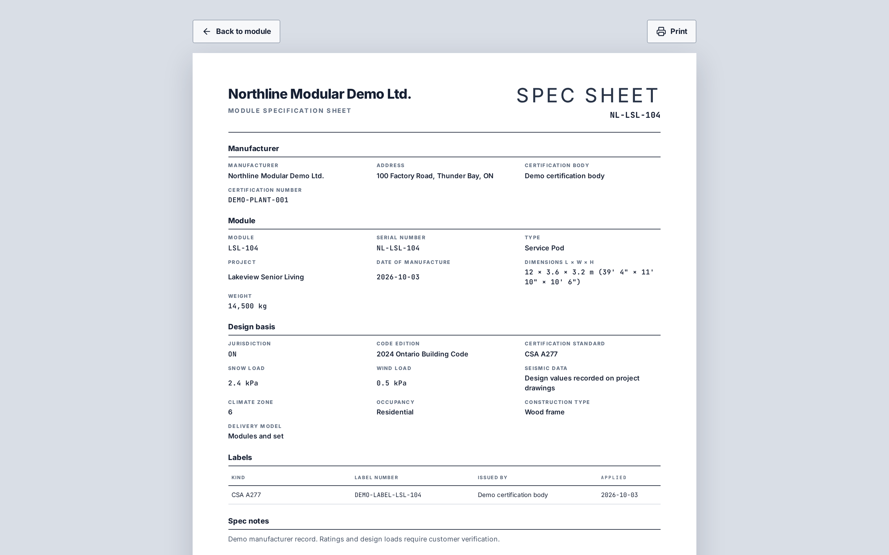 Printable module specification sheet with manufacturer, serial, design basis and labels