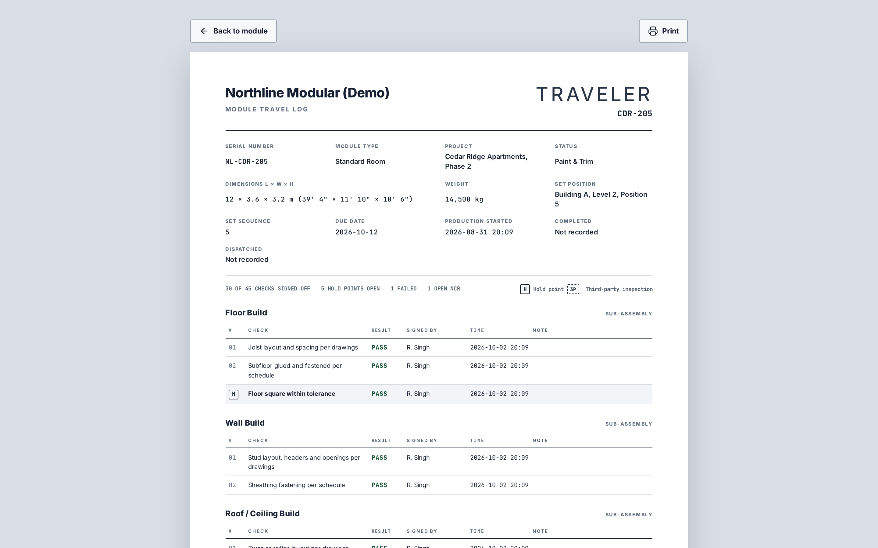 Printable traveler for a module with every check, result, signer and time